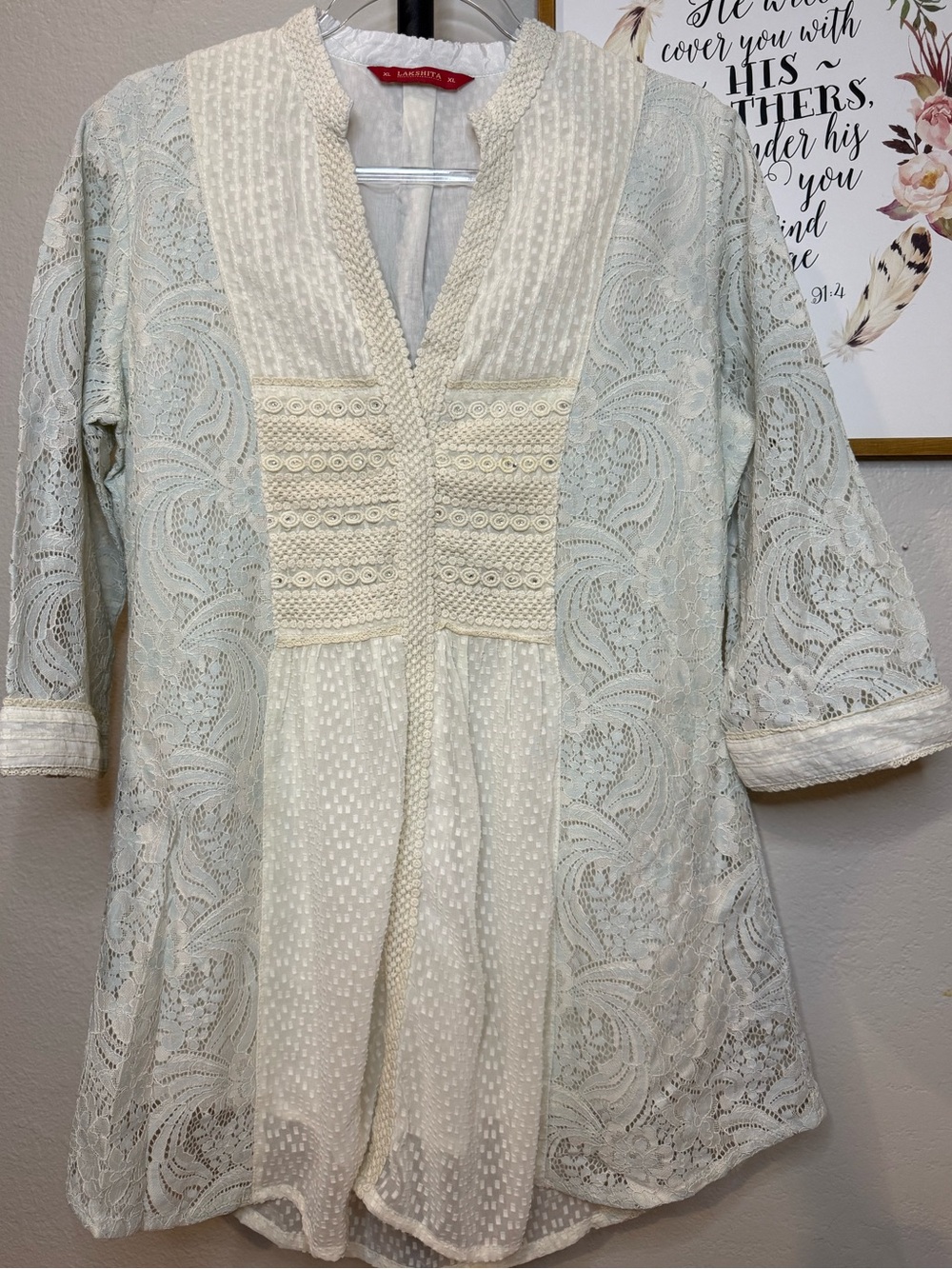 Lace-Trimmed Cream & Light Blue Tunic Top
